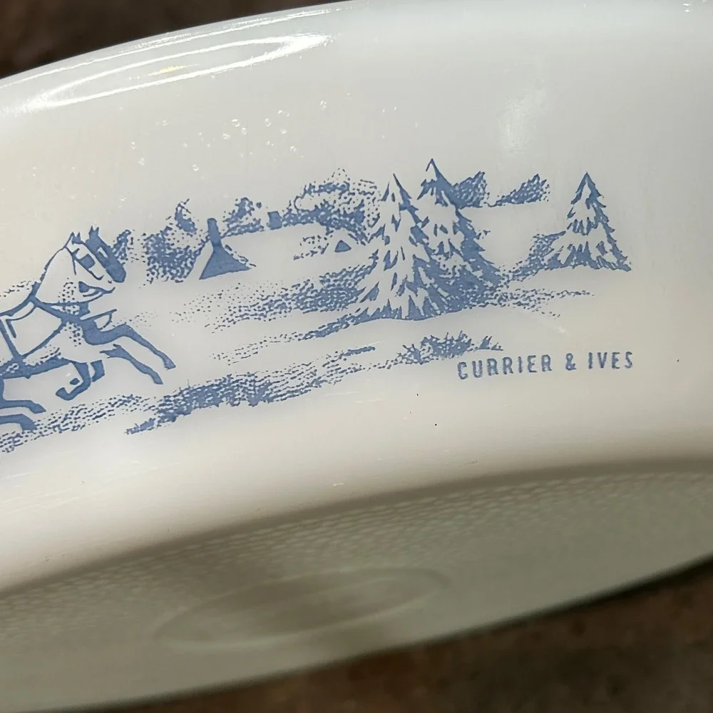 Glasbake Currier & Ives Blue Sleigh Milk Glass Divided Serving Dish Oval Cozy